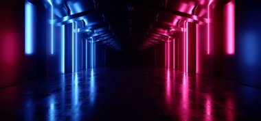 Neon Tüpleri Parlayan Kırmızı Mavi Endüstriyel Uzaylı Uzay Gemisi Futuristik Modern Metal Hangar Tüneli Parlak Döşeme Elektronik Showroom Dark 3D Çizim