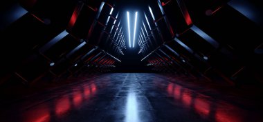 Üçgen Fütürist Bilim Kurgu Sanal Sanal Sanal Sanal Lazer Beyaz Turuncu Işık Metal Çizgili Parlak Çizgili Ahır Garaj Showroom Tüneli Yeraltı Beton Deposu 3D Resim Odası