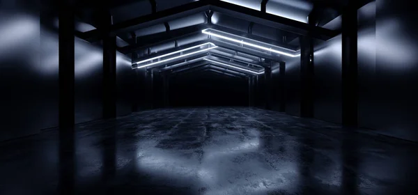 現代のスタジオメタルセメントコンクリートアスファルトガレージハンガートンネル回廊ショールーム地下のブルームライト暗い現実的な3Dレンダリングイラスト ストック画像