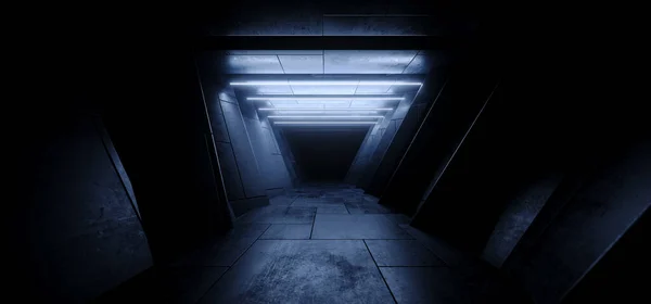 Sci Fi Futuristic Alien Spaceship Concrete Stone Cement Blue Cold Dark Glowing Corridor Tunnel Showroom Hangar Underground Hallway Basement 3D Rendering Illustration