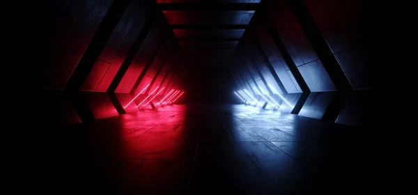 Sci Fi Futuristic Blue Red Purple Neon Lasers Modern Cyber Underground Tunnel Corridor Glossy Realistic Concrete Metal Arc Hallway Warehouse Studio 3D Rendering Illustration