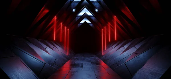 Neon Tubes Laser Sci Futurystyczny Cyber Betonowy Korytarz Korytarz Czerwony — Zdjęcie stockowe
