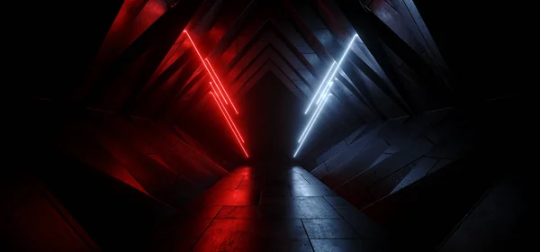 Neon Tubes Laser Sci Fi Futuristic Cyber Concrete Hallway Tunnel Corridor Red White Blue Beams Glowing Showroom Showcase Product Empty Space 3D Rendering Illustration