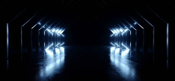現代科学Furisticサイバーダークホワイトブルーレーザーネオンビームライトセメントアスファルト光沢のあるコンクリートトンネル回廊ショールーム3Dレンダリングイラスト ストック写真