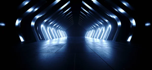 現代科学Fiの未来的なサイバー ダーク ホワイト ブルー レーザーのネオン ビームはセメントの光るアスファルトの光沢のあるコンクリート トンネル回廊のショールームの倉庫3Dレンダリングのイラスト ロイヤリティフリーのストック画像