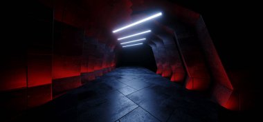 Bilimkurgu Uzaylı Uzay Gemisi Modern Beton Beton Led Borular Parlayan Kırmızı Mavi Tünel Hangar Deposu Yeraltı Stüdyosu Stüdyo Stüdyosu 3D Resim Hazırlama