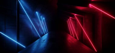 Neon Lazer Mor Mavi Bilim Kurgu Müstakbel Uzaylı Beton Taş Çimento Mor Soğuk, Koyu Parlak Koridor Gösteriş Odası Yeraltı Hangarı Yeraltı Koridoru 3D Resim Çizimi