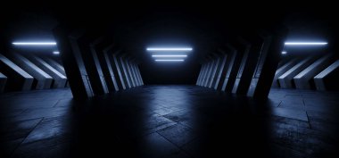 Bilimkurgu Modern Siber Asfalt Beton Beton Beton Led Borular Neon Parlayan Mavi Tünel Hangar Koridoru Depo Yeraltı Stüdyosu Stüdyo Stüdyosu 3D Resim Hazırlama