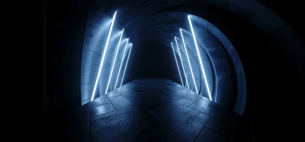 Sci Fi Futuristic Oval Modern Cement Concrete Dark Led Tubes Neon Glowing Blue Tunnel Corridor Hangar Hallway Warehouse Underground Studio Showroom 3D Rendering Illustration
