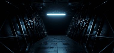 Sci Fi Cyber Futuristic Underground Metal Alien Garage Hangar Tunnel Corridor Modern Realistic Parking Showroom Blue White Glowing Light Studio 3D Rendering Illustration