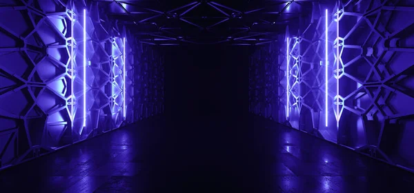 バイオレット ネオン レーザー サイバー 未来的 エイリアン ガレージ ハンガー トンネル 現実的 ストック画像