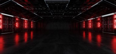 Dark Underground Futuristic Sci Fi Warehouse Hangar Concrete Metal Structure Alien Tunnel Corridor Huge Room Glowing Red Lights Cyber Stage Showroom Parking 3D Rendering Illustration