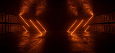 Sci Fi Futuristic Cyber Vibrant Orange Beams Neon Laser Lights On Dark Underground Tunnel Corridor Warehouse Garage Hangar Alien Spaceship Grunge Concrete TIles Realistic 3D Rendering Illustration