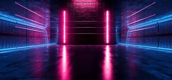 エイリアングラウンジ未来サイバーフィー現代コンクリート倉庫コリドールトンネルスタジオステージアンダーグラウンドハンガーブルー紫色振動レーザーネオンライト3Dレンダリングイラスト ロイヤリティフリーのストック写真