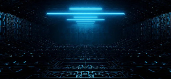 Sci Futuristicガレージブルーライト倉庫トンネル回廊金属構造ダークアンダーグラウンドスタジオショールームハンガーサイバー背景3Dレンダリングイラスト ロイヤリティフリーのストック画像