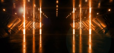 Uzaylı Geleceği Bilen Garaj Stüdyosu Yeraltı Showroom Tüneli Neon Lazerler Parlak Sarı Parlak Karanlık Geceler Siber Boş Yol Sahnesi 3D Resim Çizimi