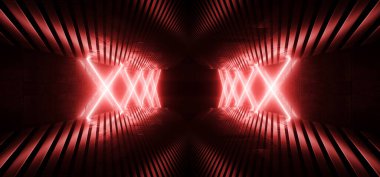 Bilimkurgu Falı Metal Siber Uzaylı Sahne Garajı Gösterim Odası Podyumu Gerçekçi Kırmızı Neon Lazer Parlayan Işıklar Stüdyosu Gerçekçi Arkaplan 3D Çizimi