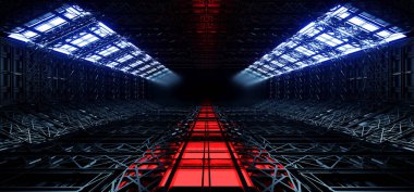 Fütürist Depo Bilim Kurgu Uzay Gemisi Hangar Tünel Şov Salonu Boş Mavi Işık Platosu Siber Garaj 3D Çizim Çizimi