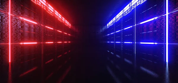 Neon Laser Futuristic Warehouse Sci Fi Spaceship Hangar Bunker Tunnel Corridor Showroom Empty Space Glowing Blue Red Lights Cyber Garage 3D Rendering Illustration
