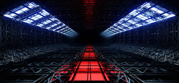 Futuristic Warehouse Sci Fi Spaceship Hangar Bunker Tunnel Corridor Showroom Empty Space Glowing Blue Red Lights Catwalk Cyber Garage 3D Rendering Illustration