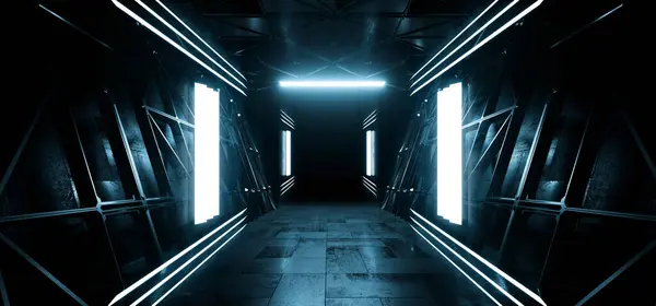 Alien Spaceship Bunker Hangar Sci Fi Futuristic Cyber Garage Tunnel Corridor Cement Glowing Laser Neon Cinematic Lights Podium Showcase 3D Rendering illustration