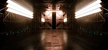 Bilimsel Kurgu Fonu Bilimsel Metal Paneller Uzaylı Uzay Gemisi Garaj Odası Koridoru Canlı Siber Işıklar 3D Görüntü Görüntüleme