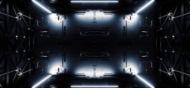Bilim Kurgu Koyu Geleceği Metal Paneller Uzaylı Stüdyo Stüdyosu Garaj Odası Koridor Siber Stüdyo Işıkları 3D Görüntü