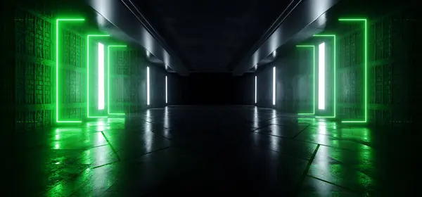 Sci Fi Futuristic Big Hallway Modern Tunnel Corridor Garage Technology Neon Laser Vibrant Green Blue Lights Cement Floor 3D Rendering Illustration