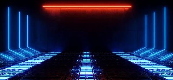 Neon Sci Fi laser Futuristic Hangar Tunnel Corridor Metal Construction Underground Bunker Blast Proof Walls Showroom Background 3D Rendering Illustration