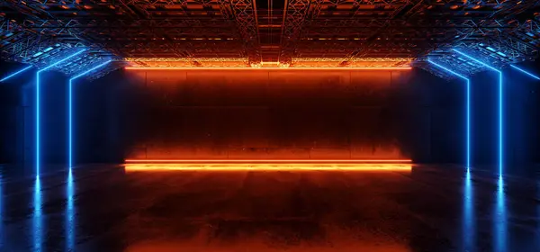 Sci Fi Garage Concrete Futuristic Cyber Neon Glowing Wall Construction Background Warehouse Empty Space Grunge Room 3D Rendering Illustration