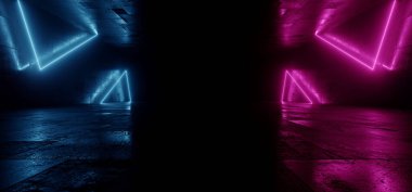 Bilimkurgu siber-fütüristik neon lazerler canlı mor ışıklar Grunge 'da parlayan koyu çimento garajı yer altı gerçekçiliği tünel 3D canlandırma illüstrasyonu