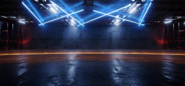 Bilimkurgu siber-fütüristik Neon-Mavi Tavan Alien Modern Metal Salon Sahne Tüneli Koridoru Metal Beton Depo Garajı 3D Çizim