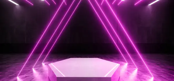 Cyber Construction Podium Stage Neon Glowing Line Lights Triangle Classic Purple Sci Fi Future Virtual Reality Cyber Empty Space Garage Warehouse Studio Room 3D Rendering Illustration