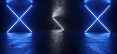 Siber Gelecekçi Bilim Kurgu Uzaylı Karanlık Dev Depo Beton Mağazası Parlak Mavi Sahne Gösterimi 3D Çizim Lazer Odası