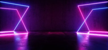 Disko Bar Sahnesi Fütürist Modern Siber Lazer Neon Meydanı Işıkları Parlayan Mavi Mor Çimento Odası Koridor Tüneli Sığınak Arkaplanı 3D