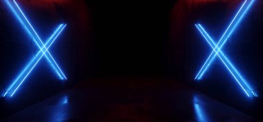 Gelecekçi Bilim Kurgu Siber Haç Mavi Elektrikli Lazerler Karanlık Yeraltı Sahnesi Sahne Odası Koridoru Boş Alan Arkaplanı 3D Görüntü Görüntüleme