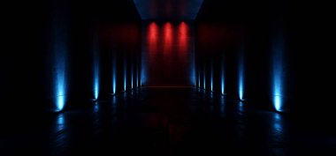 Siber Lazer Spotlights Parlayan Mavi Lacivert Koridor Koridoru Bilim Kurgu Kurgu Grunge Uzaylı Beton Arkaplan 3D Resimlendirme