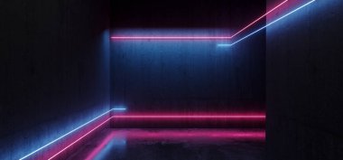 Neon Lazerler Parlayan Elektrik Işıkları Çimento Odasında Canlı Mavi Mor Şov Salonu Podyumu Sahne Arkaplanı Bilim Kurgu Geleceği 3D Görüntü