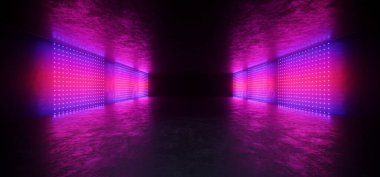 Fütürist Bilim Kurgu Parıldayan Hologram Kulübü Sahne Sahnesi Lazerleri Beton Altıpatlar Oda Kaplamalı Tünel Hangarı VIP VIP Mor Mor Arkaplan 3D Resim