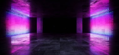 Fütürist Bilim Kurgu Parıldayan Hologram Kulübü Sahne Sahnesi Lazerleri Beton Altıpatlar Oda Kaplamalı Tünel Hangarı VIP VIP Mor Mor Arkaplan 3D Resim
