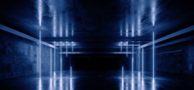 Bilim Kurgu Modern Neon Elektrikli Lazer Mavi Garaj Hangarı Bodrum Koridoru Asfalt Çimento Mağazası 3D Resim Odası
