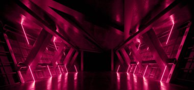 Neon Deposu Bilim Kurgu Futuristik Lazer Kırmızı Parlak Elektrikli Beton Yeraltı Gösteriş Odası Tüneli Koridoru Koridoru Grunge Asfalt 3D Görüntü