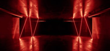 Neon Deposu Bilim Kurgu Futuristik Lazer Parlak Elektrikli Beton Parlak Beton Yeraltı Showroom Tüneli Koridoru Koridoru Grunge Asfalt 3 boyutlu Çizim