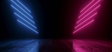 Neon Lazer Mor Mavi Vibrant Bilim Kurgu Fütüristik Depo Boş Sahne Vitrini Koridor Koridoru Grunge Beton Yeraltı Arkaplanı 3D