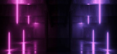Neon Işıldayan Elektrik Bilimi Kurgu Işıkları Beton Betona Kirişler Asfalt Hangar Şov Salonu Karanlık Uzaylı Modern Koridor Tünel Deposu 3D Resim Hazırlama