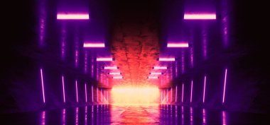 Neon bilim-kurgu Fütüristik Mor Flüoresan Işıklar Parlayan Siber Tünel Koridoru Grunge Parlak Beton Beton Beton Salon Stüdyo Gösterim Lazer Elektrikli Karanlık Arkaplan 3D Görüntü