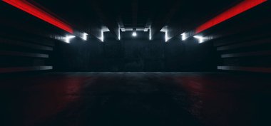 Büyük Salon Otomotiv Hangarı Futuristik Showroom Karanlık Çimento Sahne Deposu Dev Tünel Koridoru Yeraltı Koridoru Yeraltı Spotlight Grunge Gerçekçi 3D Çizim