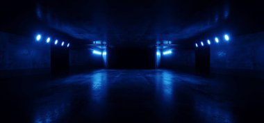 Modern Grunge Siber Punk Tünel Işıkları Showroom Boş Ürün Arabası Beton Açığa Çıkarıcı Beton Beton Gerçekçi Arka plan Derin Mavi Podyum Işıkları 3D Resim Çizimi