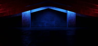 Endüstriyel Mavi Turuncu Işıklar Grunge Çimento Beton Parlak Karanlık Yeraltı Otoparkı Mağaza Mağazası Stüdyo Uzay Gemisi Gerçekçi 3 boyutlu Çizim