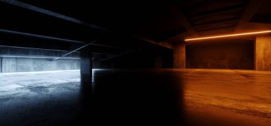 Endüstriyel Geleceği Çimento Grunge Beton Parlak Karanlık Yeraltı Otoparkı Garaj Mağazası Showroom Stüdyo Uzay Gemisi Gerçekçi 3D Çizim